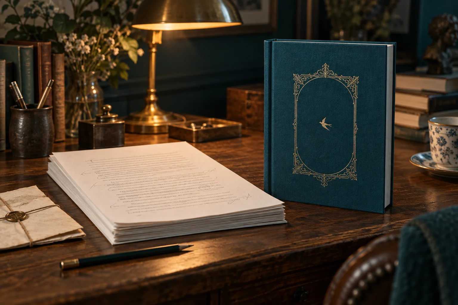Manuscrito corregido junto a un libro de cubierta azul oscuro